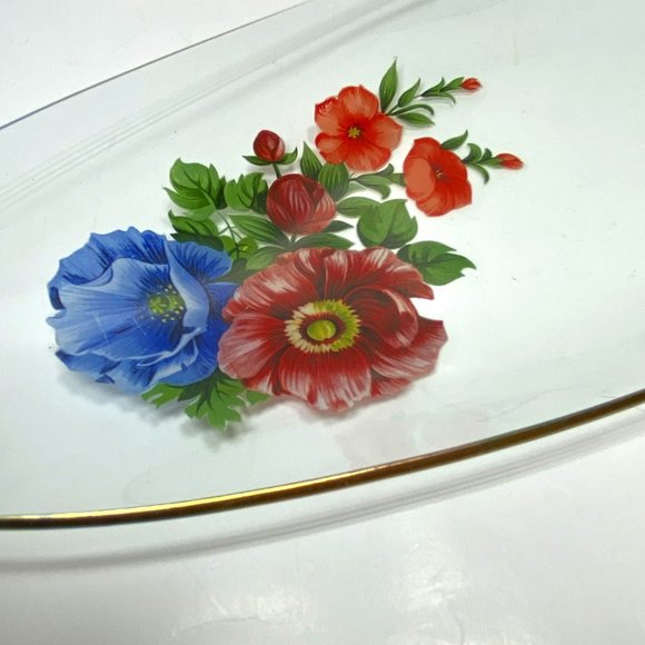 Vintage Long Oval Clear Glass Dish Serving Plate with Flower Decals Gold Trim - Picture 2 of 4